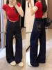 Jeans Retro Popular Azul Escuro Bordado para Mulheres Outono Novo Cintura Alta Linha A Boca Larga Reto Perna Larga Calças
