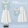 Conjunto Polo para Niña 2026 Nuevo Verano Estilo Universitario Infantil Color de Contraste Manga Corta Moño Falda Conjunto de Dos Piezas