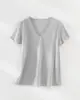 26ª Novedad de Verano Ropa para Mujer Fresca y Transpirable Sencilla Cuello en V Borde Enrollado Refrescante Transpirable Color de Baja Saturación Hombro Normal Manga Corta Camiseta