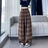 Pantalones largos casuales de cuadros retro para mujer, nuevos pantalones rectos de pierna ancha adelgazantes de cintura alta para otoño, estilo de alta calle americano, pantalones de longitud de piso