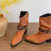 Botas de moda de tacón grueso en color liso, tejidas, apilables, botas de cuero vintage de punta a media pantorrilla para mujer, estilo de nicho con hebilla de cinturón, botas de montar
