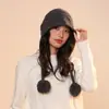 Sombrero de Orejeras Colgantes de Bola de Pelo de Lujo Accesible de Gama Alta para Mujer 100% Lana Pura con Cordones Estilo Casual Dulce Estilo Invierno 2025