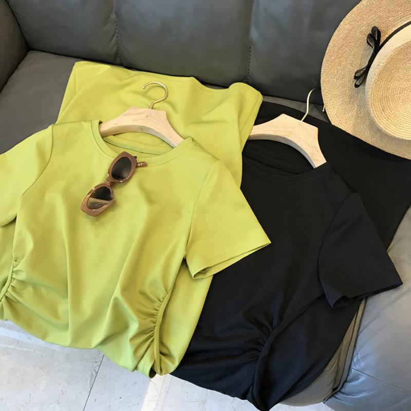 帮手主图-2022年新款夏季女感气质收腰薄款绿色t恤不规则连