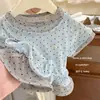 ¡Estética de Tono Gris Xian Ning Qi! Conjunto de Verano Estilo Coreano para Bebés Niñas, Top de Lunares Falso Dos Piezas y Pantalones Acampanados