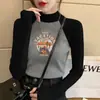 Gola Alta Meia Manga Estilo Coreano Novo Veludo Alemão Camiseta Básica Outono e Inverno Cinza Ombro Direito Slim Fit Manga Raglan Feminina Manga Longa
