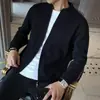 Cardigã de tricô com zíper e gola alta para primavera e outono, suéter de malha canelada vertical simples de luxo leve, blusa de cor sólida versátil casual masculina
