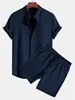 Amazon Transfronteiriço Tamanho UE Veludo Cotelê Listra Fina Masculino Gola Alta Manga Curta Camisa + Shorts Casuais Conjunto de Duas Peças
