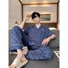 Pijama de verano para hombre, 100% algodón, talla grande, manga corta, holgado, estilo coreano, para el hogar, con rayas finas.
