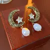 Brincos de Pérola com Lua e Estrela Incrustados de Diamante Vintage, Brincos Retrô da Moda, Brincos de Nicho de Luxo para Mulheres