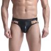 Cueca Masculina Yezi Mei em Couro PU Patente, Sexy com Abertura no Gancho, Design Vazado com Borda Larga e Argola de Metal