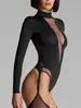 Primavera e Verão Moda Americana Novo Sexy Decote V Profundo Transparência Malha Recorte Interno e Externo Macacão de Manga Comprida para Mulheres