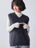 Colete suéter de tricô liso com decote V, estilo preppy, sem mangas, design minimalista 2026, corte solto