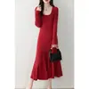 Falda de Lana para Otoño e Invierno para Mujer Vestido de Cuello en U Grande Falda Larga hasta la Rodilla para Mujer Falda de Punto Ajustada de Cola de Pez Traje