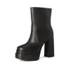 Botas de cuero de tacón alto para mujer, con tacón grueso, punta redonda, suela de plataforma y suela gruesa, son las últimas botas de moda de otoño en estilos europeos y americanos.