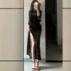 2026 Venta al por mayor transfronteriza Vestido negro de malla de manga larga estilo socialité francesa, Elegante vestido de noche para mujer madura