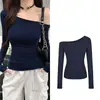 Top de Manga Larga Ajustado Hombros Descubiertos Hilo de Seda Acanalado Puro Deseo Sexy Estilo Dulce y Picante Cangrejo Wubi para Mujer