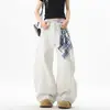 Lenço Quadrado Estilo Americano Jeans Workwear para Homem, Novo Verão Baggy Cool Calça de Perna Larga com Caimento Solto e Barra Curva Comprimento Total