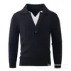 Suéter de malha falso de duas peças, suéter quente com gola virada para homens, camisa POLO de outono e inverno, suéter de lã com decote duplo em V, blusa casual para homens