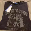 Camiseta de Manga Larga con Estampado de Gato Lavada y Desgastada Estilo Retro Americano para Mujer, Otoño High Street Estilo Bf Holgada de Longitud Media Top de Moda