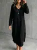 Moda Femenina Otoño 2026 Transfronteriza Europea y Americana Color Sólido Borde Deshilachado Patchwork Cuello en V Holgado Casual Vestido de Manga Larga para Mujer