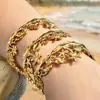 Moda Lady Misteriosa Estilo Retro Praia Oceano Coqueiro Concha Pulseira Aberta Feminina em Aço Inoxidável Banhada a Ouro 18K