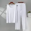 Conjunto de Dos Piezas Casual Transpirable para Hombre, Chaleco Delgado de Modal de Verano con Cuello Redondo y Pantalones con Cordón, Ropa de Casa