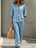 Calça comprida europeia e americana transfronteiriça com botões e babados, e blusa feminina de gola V com manga três quartos, novo conjunto casual de duas peças para comércio exterior