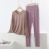 Conjunto de Ropa para el Hogar de Modal con Cuello Redondo para Primavera y Otoño Delgado Talla Grande Holgado Casual Manga Larga Cintura Alta Pantalones Largos Conjunto de Dos Piezas