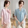 2025 Primavera y Verano Nuevo Verano Estilo Chino Delgado Camisetas de Manga Corta Bordadas para Madre Camisas para Mujeres de Mediana Edad y Mayores Nuevo