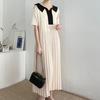Vestido de punto plisado, suelto, que cubre el vientre, con solapa grande, diseño de color contrastante, estilo nicho coreano, elegante y antiedad.