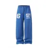 Pantalones de chándal anchos con estampado azul retro americano 2026, unisex, corte holgado, casual, versátiles, de longitud al suelo