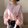Camisa Retro Francesa de Rayas Rosas con Cuello en V y Mangas de Farol para Mujer Otoño 2025 Nuevo Estilo Suave Elegante Top de Manga Larga