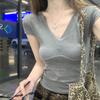 Camiseta de Manga Corta para Mujer Verano 2025 Nueva Camiseta Elegante de Cuello en V para Mujer Diseño Nicho de Cintura con Aspecto Adelgazante Venta al por Mayor
