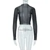 Ropa para Mujer Estilo Europeo y Americano 2026 Chica Sexy Atrevida Cuello Redondo Manga Larga Malla Dobladillo Invertido Patchwork Transparente Crop Top Mayoreo