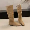 Botas Largas de Mujer 2026 Otoño/Invierno Moda Nueva con Tacón Oculto de 4 cm, Hasta la Rodilla, Apiladas, Punta Cuadrada, Plisadas Simples