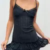 Vestido Sexy de Encaje Hueco Estilo Francés con Tirantes Finos y Cintura Fruncida, Vestido Corto Casual Ajustado Adelgazante para Mujer
