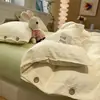 Conjunto de Roupa de Cama de Algodão Lavado Estilo Muji com Botões Quatro Peças Capa de Edredom Jacquard Lençol de Cima Lençol com Elástico Conjunto de Três Peças para Dormitório Estudantil