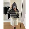 Suéter de punto para mujer de otoño e invierno, camisa base a rayas, estilo holgado y casual, media cremallera, cuello camisero, casual y versátil para otoño e invierno