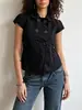 Camisa Curta de Manga Curta com Botões Duplos Estilo Retrô Americano para Mulheres, Top Preto Curto com Bolsos para Afinar a Cintura, para Meninas Modernas