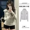 Cardigan com capuz com zíper americano transfronteiriço, slim fit, suéter esportivo de ioga, jaqueta feminina, uso externo, cintura justa, cobertura de carne, top