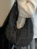 Bolsa de Tecido Estilo Coreano Nova com Estampa Xadrez e Cordão para Estudantes Universitários para Trabalho e Deslocamento Bolsa de Ombro Estilo Universitário Casual Transversal Bolsa Bolinho