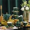 Estilo Europeo Lujo Ligero Verde Joya Porcelana Ósea Borde Dorado Juego de Café Cerámica Tarde Camelia Juego de Té Taza y Platillo de Café Juego de Regalo