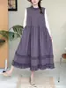 Vestido Mori Girl Estilo Renda Patchwork Gola Redonda Solto Pulôver Manga Curta Sem Mangas Doce Camadas Cor Sólida