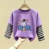 Camiseta de Manga Longa 100% Algodão para Meninos Primavera/Outono 2026 Nova Estilosa Desenho Animado Falso Duas Peças Top Roupa de Primavera Infantil Camisa Base