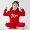Conjunto de Ropa Interior Térmica Roja para Niños del Año de su Nacimiento, Hecho de Tela Derong, Adecuado para Niños Mayores, Conjunto de Tops y Pantalones de Otoño, Conjunto de Pijama Juvenil, Ropa de Año Nuevo