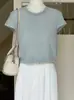 ¡Versátil con Rosca! Top de punto elegante de color liso, cuello redondo, manga corta para mujer, estilo Dongdaemun Coreano, Verano 2025