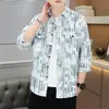 Camisa masculina de três quartos com listras verticais color block para primavera e verão, slim fit, leve, casual, de manga média