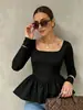 Nuevo top de moda para mujer de comercio exterior transfronterizo, cuello cuadrado, manga larga, con dobladillo fruncido, espalda descubierta, entallado a la cintura, adelgazante y elegante