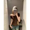 Playera Gris de Hombro con Cuello Inclinado de Manga Corta para Mujer Verano Ajustada Adelgazante Diseño Interno Top Corto Básico para Chica Hot