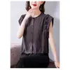 Camisa de seda helada fruncida de cuello redondo para mujer, top de verano estilo mamá con bordes de cordón, blusa de moda chic color café